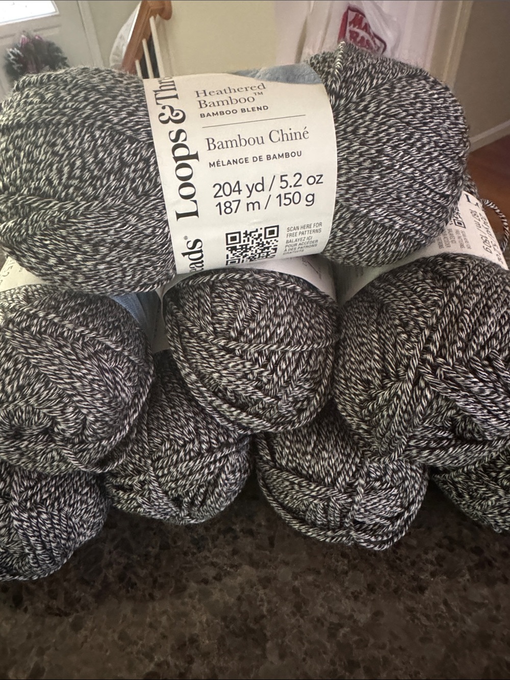 8 Skeins Loops & Threads Heathered Bamboo Yarn - Black & White